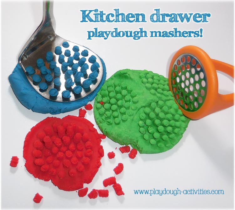 Playdough mash - find tools in the kitchen for children to play with dough